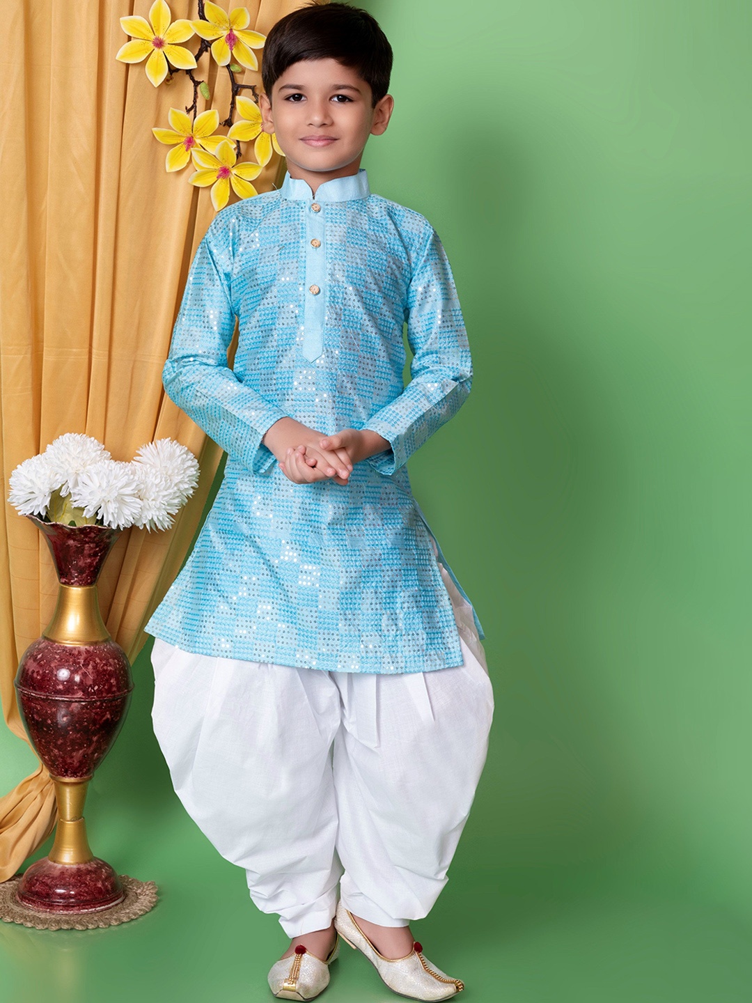 

BAESD Boys Ethnic Motifs Embroidered Mandarin Collar Sequinned Straight Kurta with Patiala, Blue