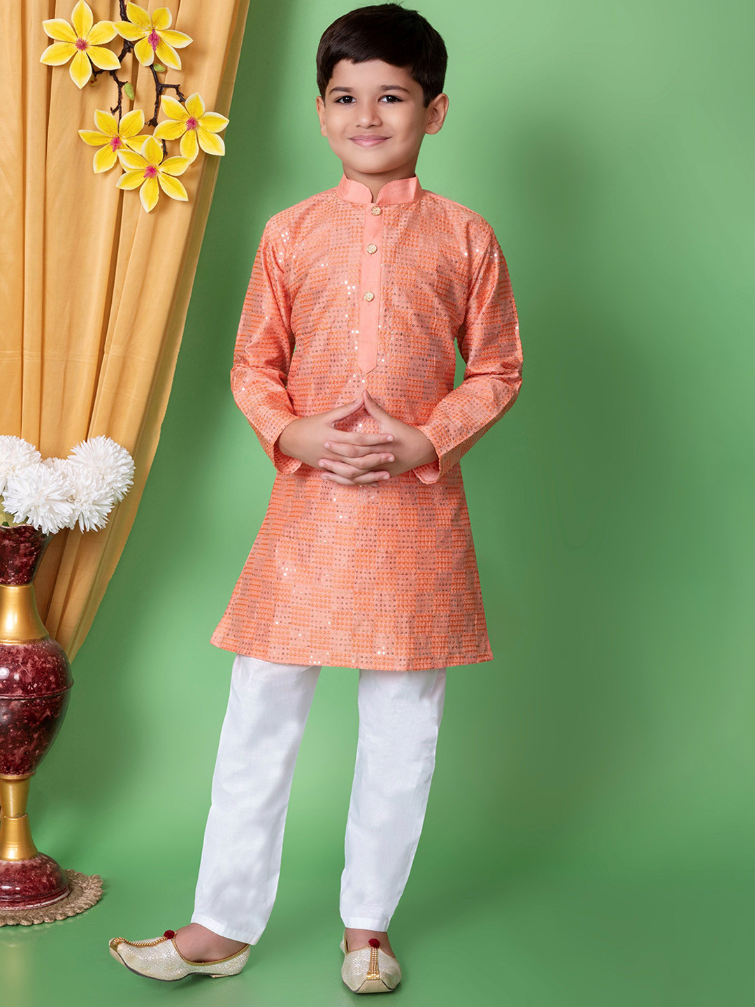

BAESD Boys Ethnic Motifs Embroidered Sequinned Straight Kurta with Pyjamas, Peach