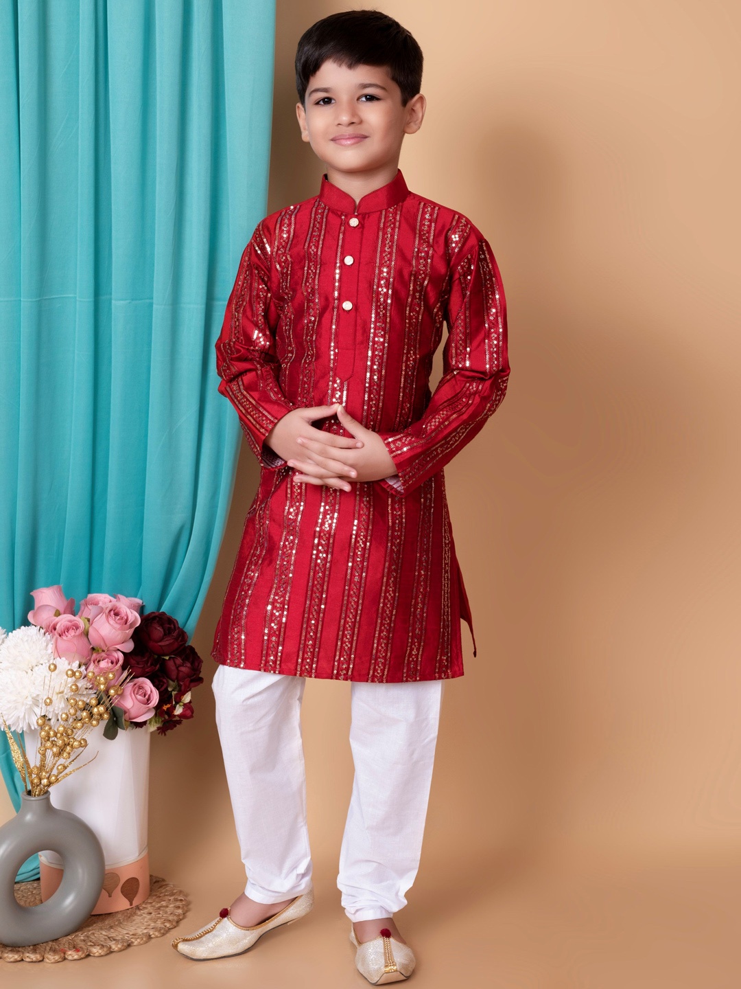 

BAESD Boys Embroidered Mandarin Collar Sequinned Dupion Silk Straight Kurta & Pyjamas, Maroon