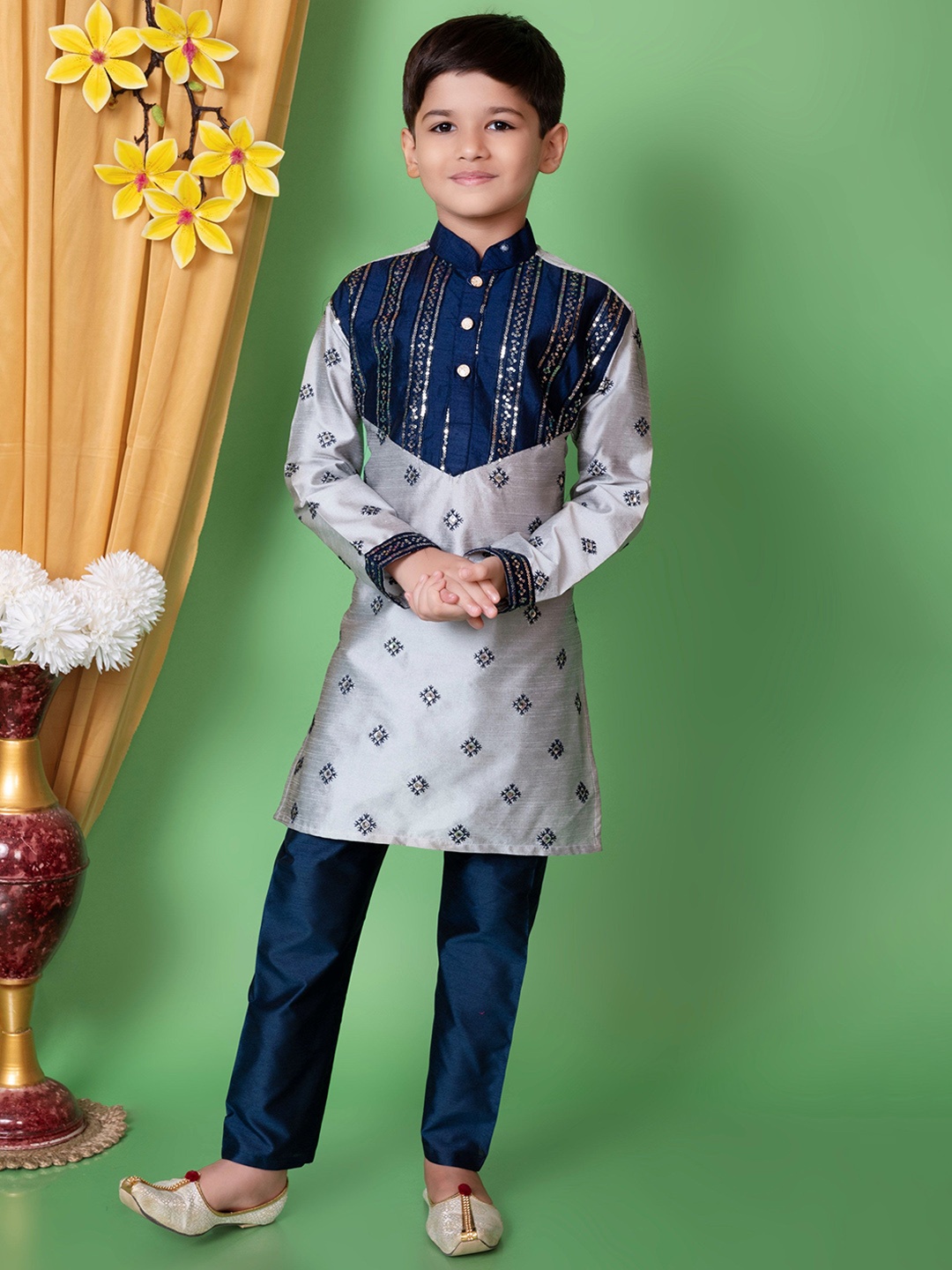

BAESD Boys Ethinnic Motifs Embroidered Dupion Silk Straight Kurta & Patiala, Grey