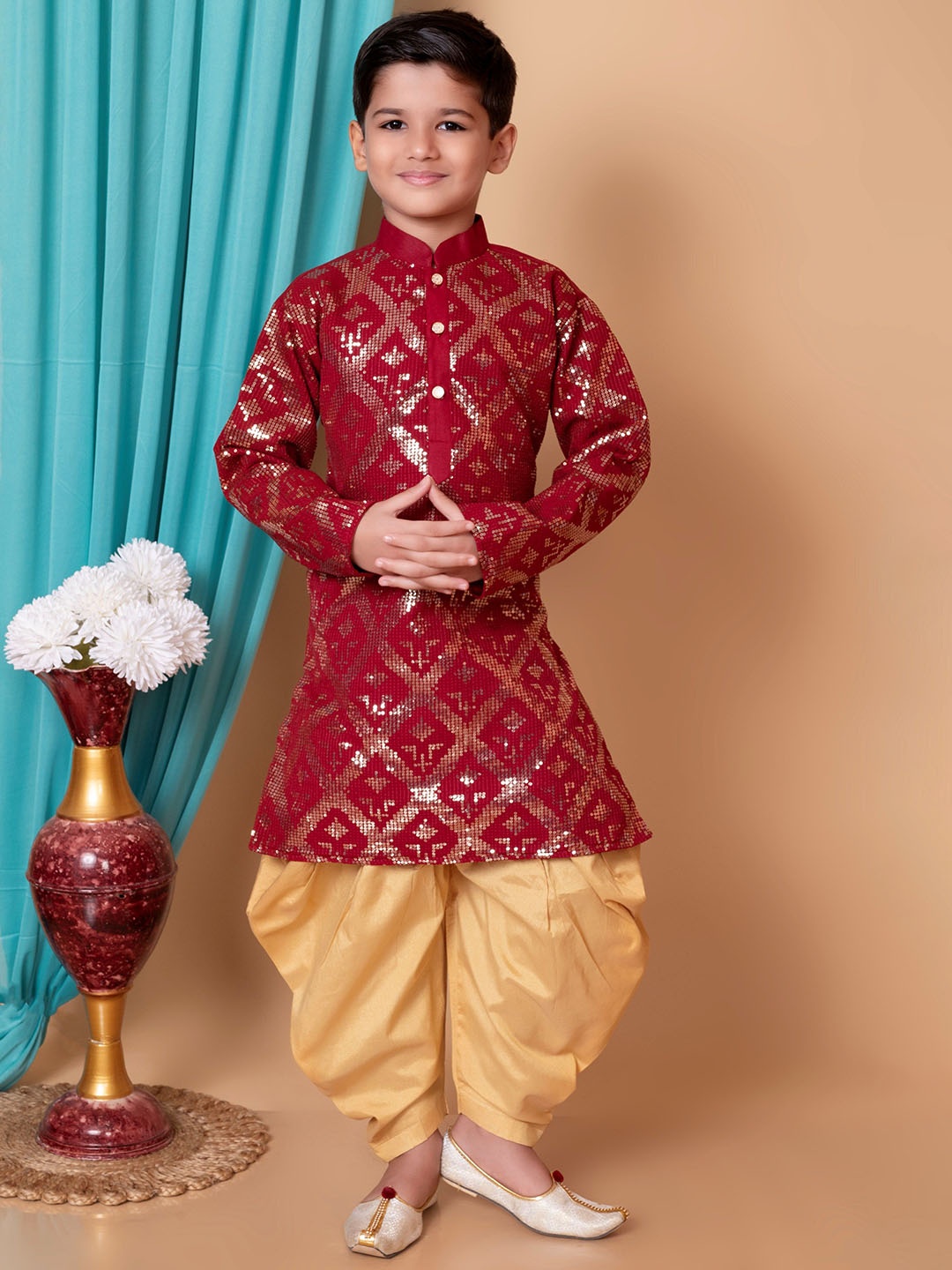 

BAESD Boys Embroidered Mandarin Collar Sequinned Straight Kurta with Patiala, Maroon