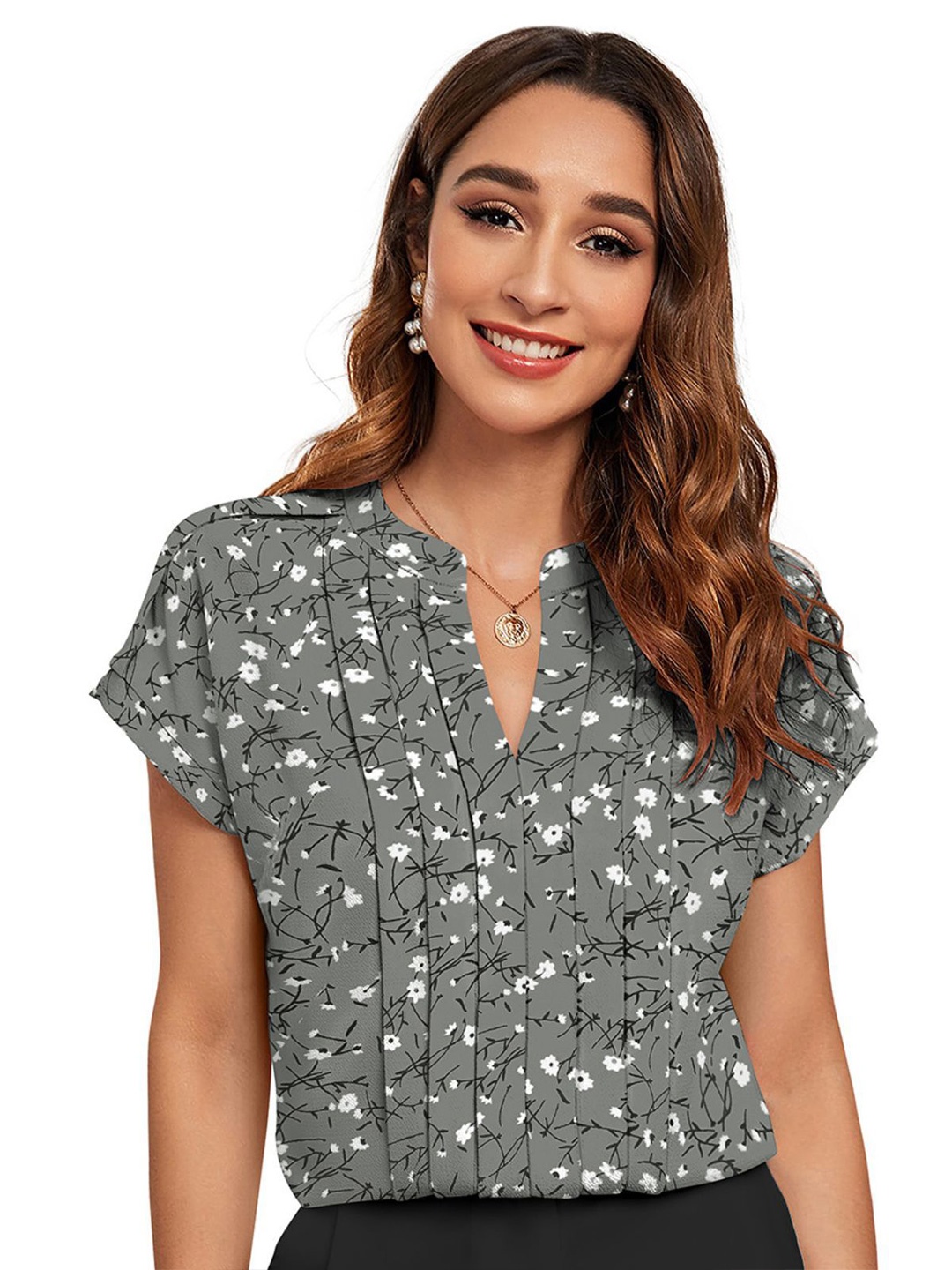 

ODETTE Floral Printed Mandarin Collar Top, Grey