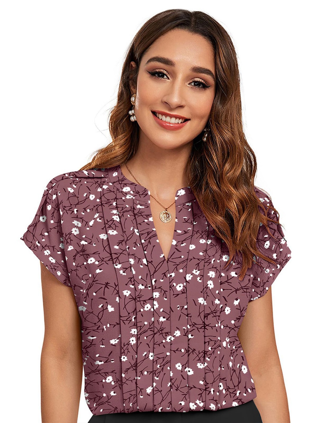 

ODETTE Floral Printed Mandarin Collar Top, Pink