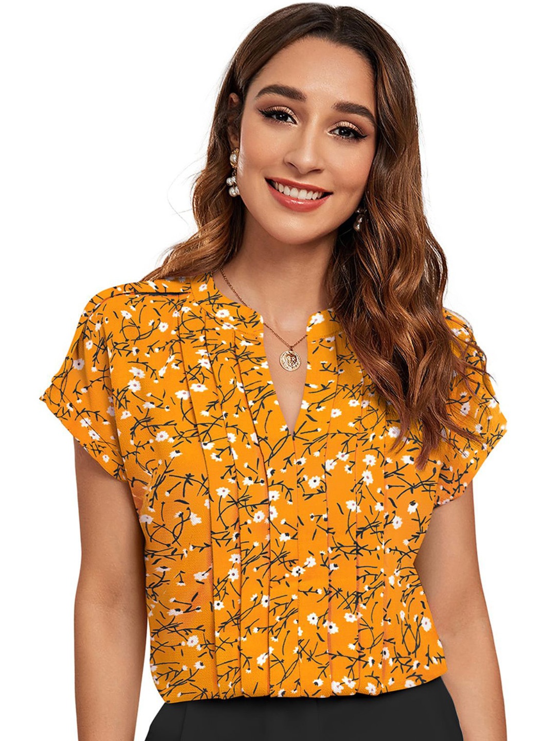 

ODETTE Floral Printed Mandarin Collar Top, Yellow