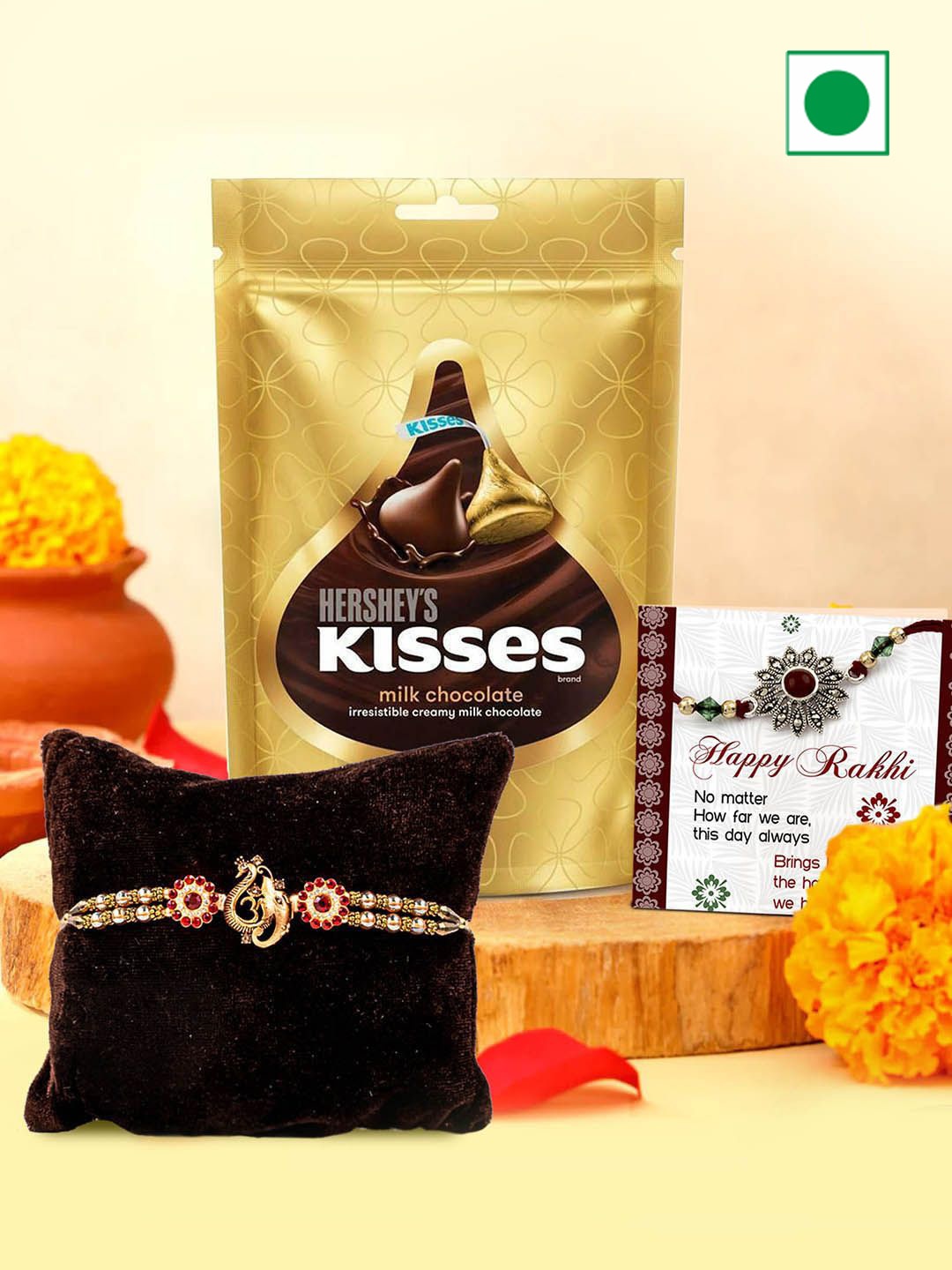 

TIED RIBBONS Beaded Rakhi With Chocolates & Greeting Card With Roli Chawal, Brown