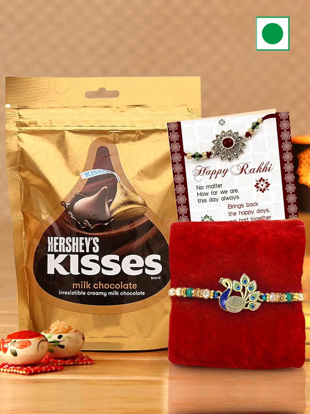 

TIED RIBBONS Rakhi With Card Roli Chawal & Chocolate Gifts, Gold