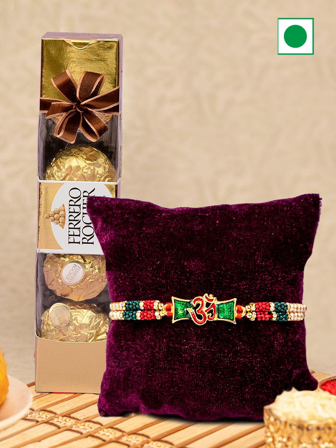 

TIED RIBBONS Beaded Rakhi With Chocolates & Greeting Card With Roli Chawal, Red
