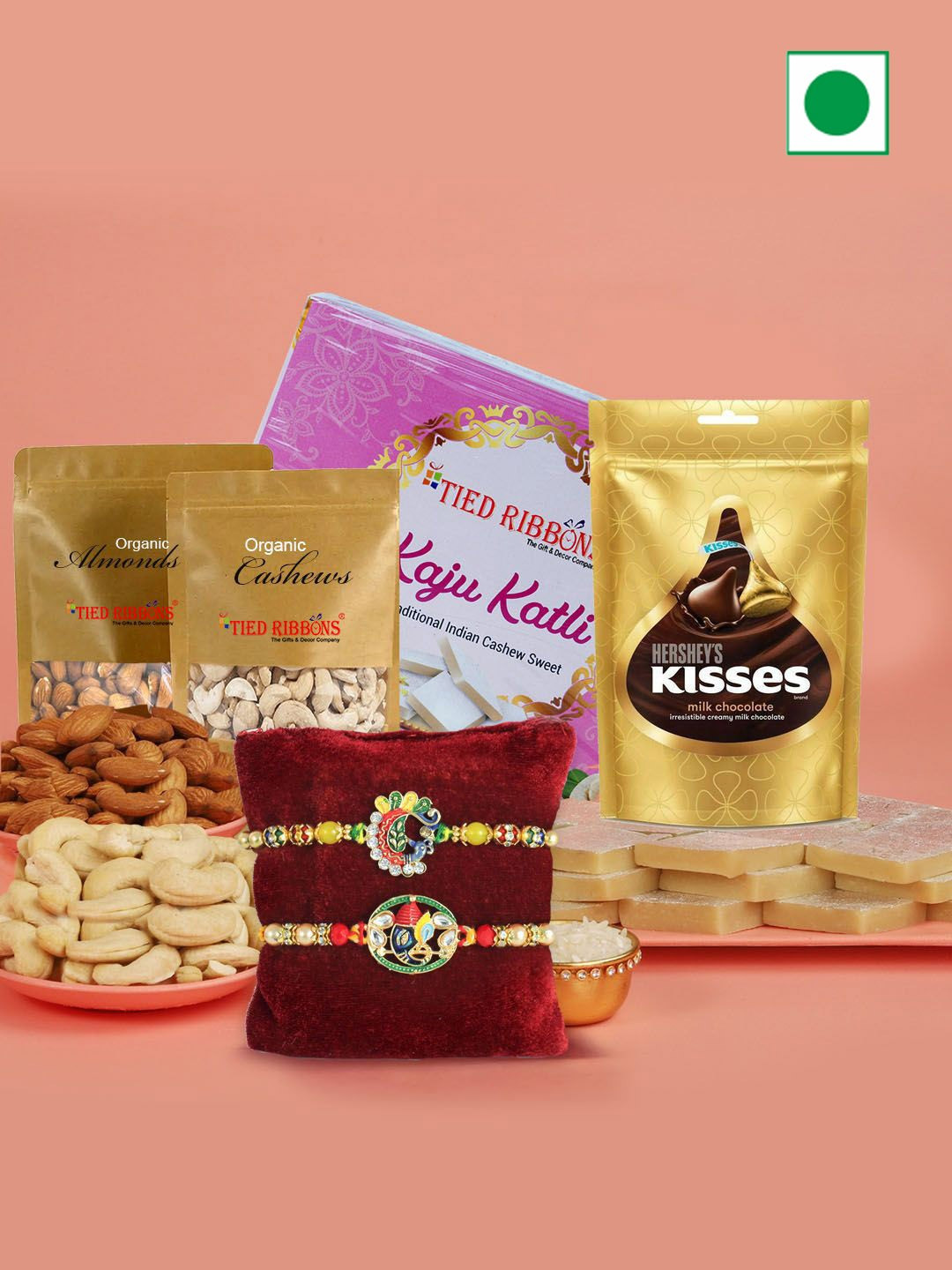 

TIED RIBBONS Set of 2 Rakhi with Sweets Kaju Katli Chocolate & Mix Dry Fruits Gift Hamper, Yellow