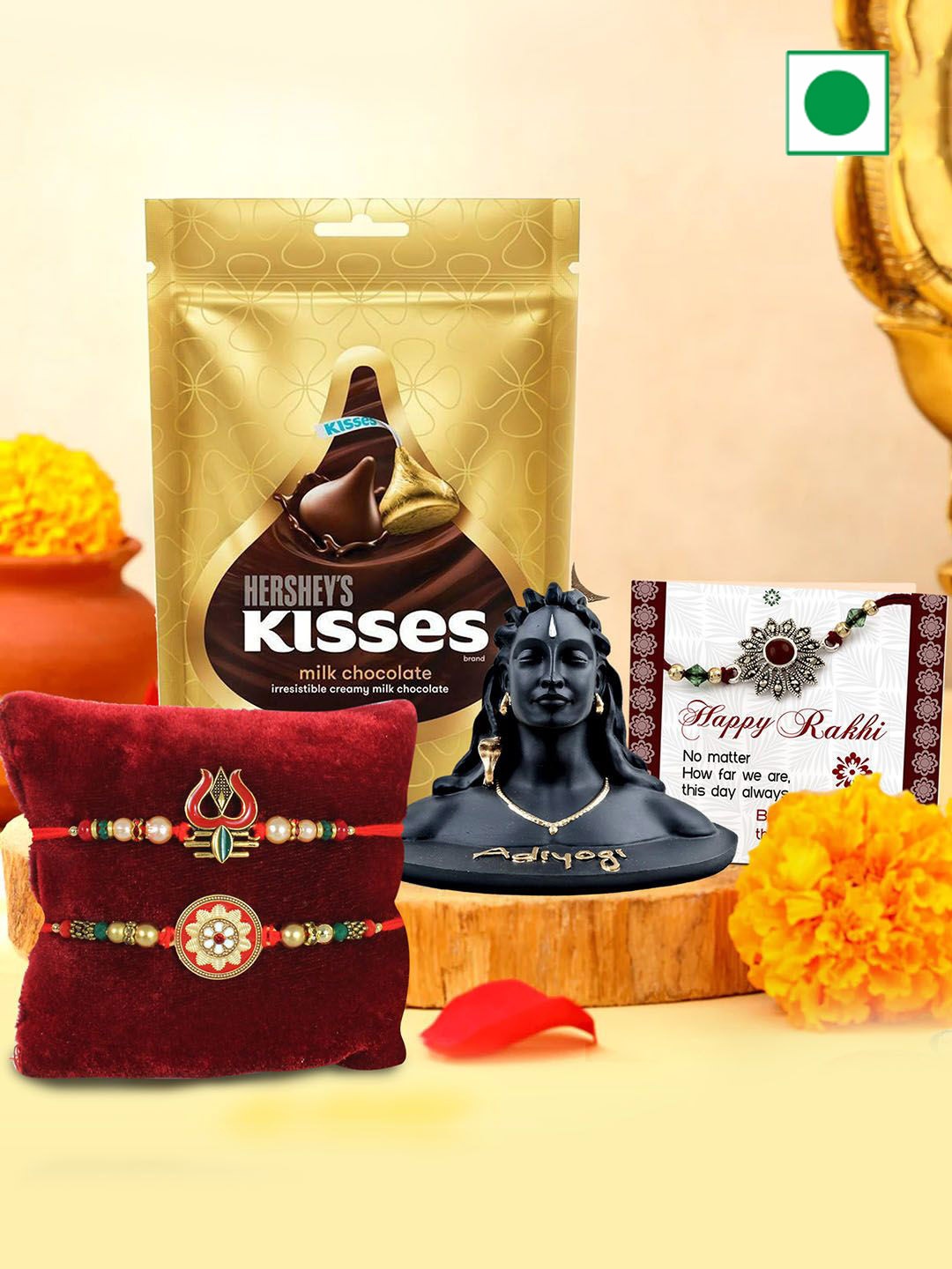 

TIED RIBBONS 2-Pcs Trishul Rakhi With Chocolate Adiyogi Idol Card Tikka Gift, Red