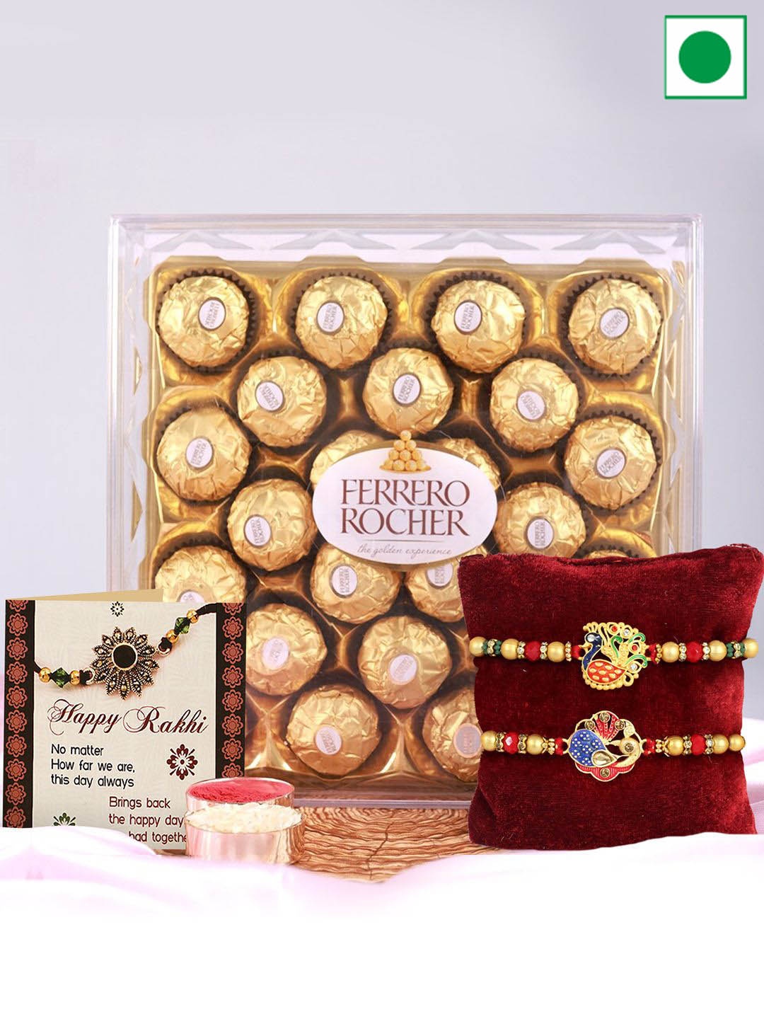 

TIED RIBBONS Set Of 2 Rakhis With Ferrero Rocher Chocolate & Rholi Chawal, Gold