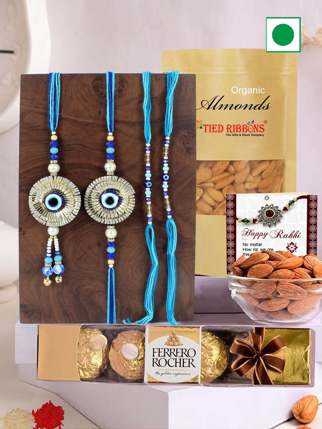 

TIED RIBBONS Set Of 4 Rakhis With Ferrero Rocher Chocolate & Almonds, Multi