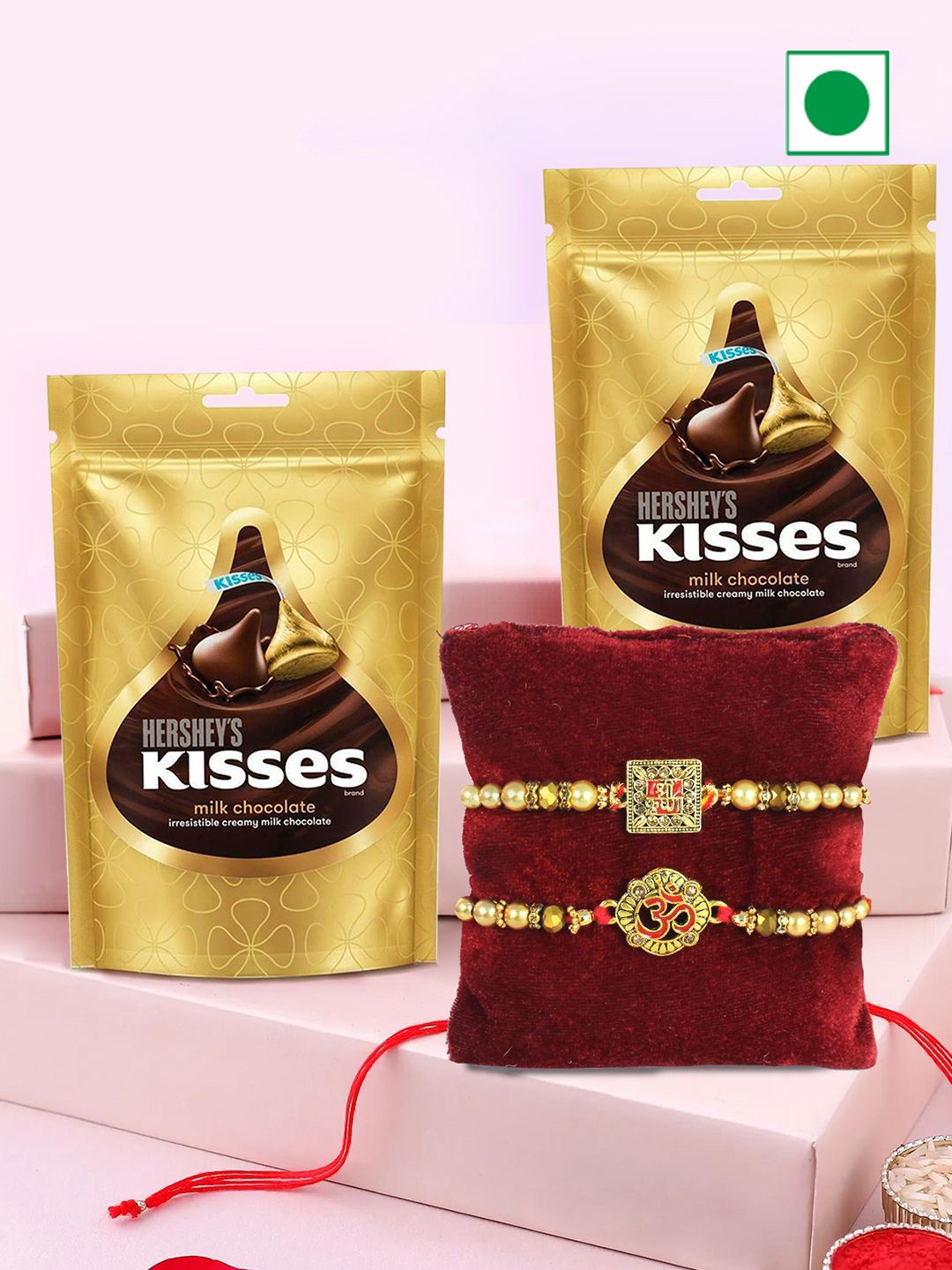 

TIED RIBBONS Set of 2 Rakhi with Chocolate & Card Roli Chawal, Red