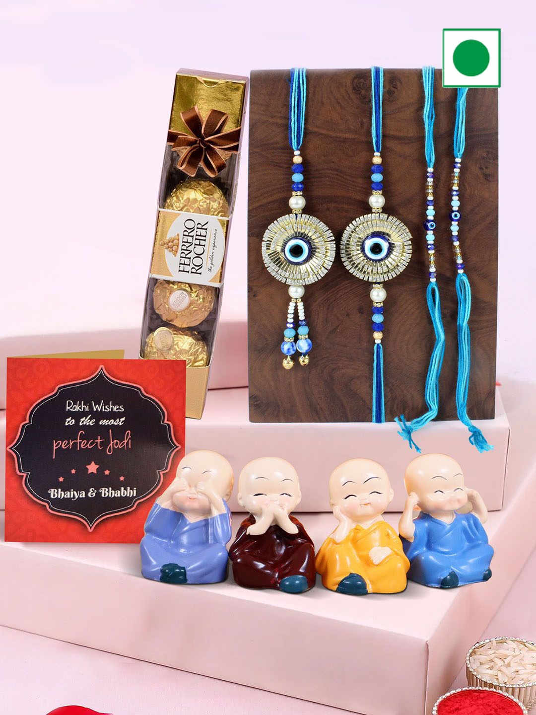 

TIED RIBBONS Set Of 4 Rakhi With Chocolate & Idol with Greeting Card & Roli Chawal, Blue