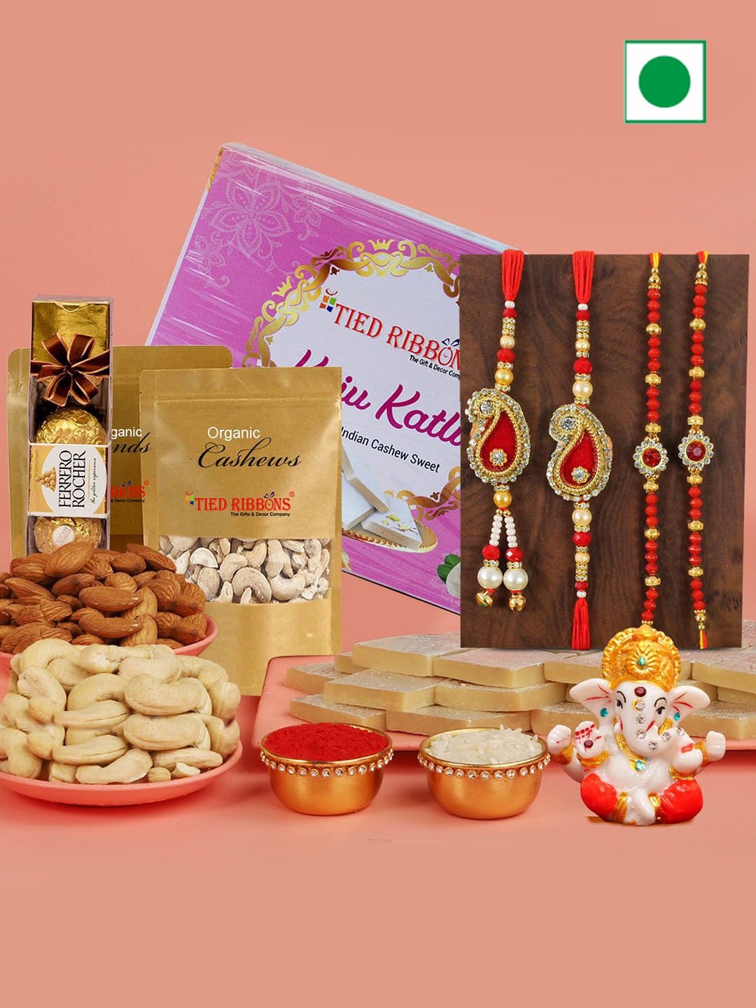 

TIED RIBBONS Set of 4 Rakhi with Kaju Katli Chocolate & Mix Dry Fruits with Idol, Red