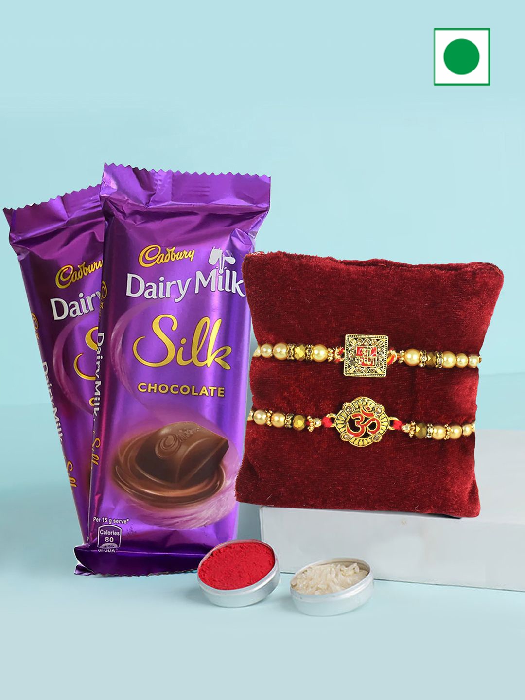 

TIED RIBBONS Set of 2 Rakhi WIth Chocolate & Card Tikka Gift Set, Gold