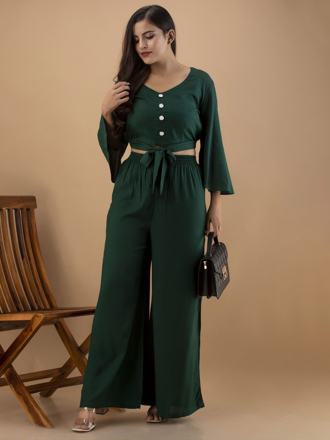 

FCV V-Neck Crop Top & Flared Palazzo, Green