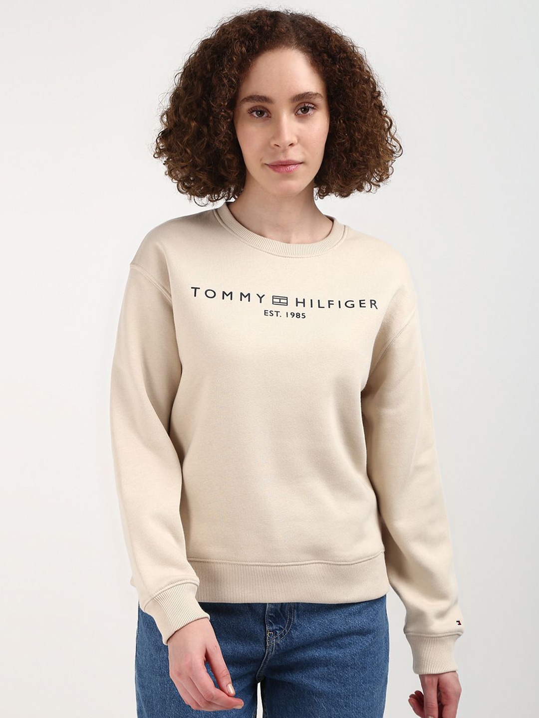 

Tommy Hilfiger Women Typography Printed Round Neck Sweatshirt, Beige