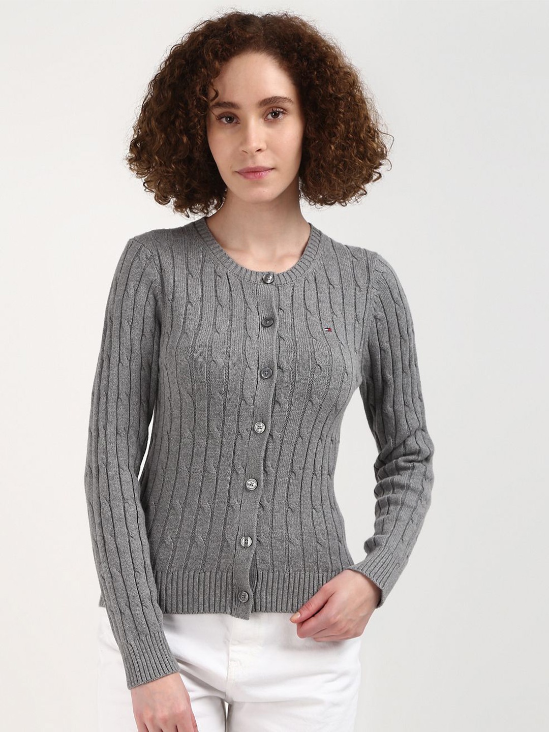 

Tommy Hilfiger Women Self Design Round Neck Cardigan Sweater, Grey