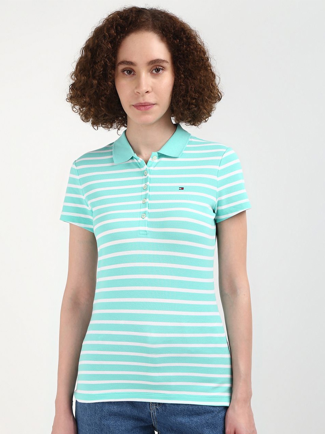 

Tommy Hilfiger Women Striped Polo Collar T-shirt, Green