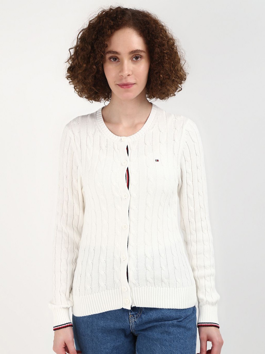 

Tommy Hilfiger Women Self Design Round Neck Cardigan Sweater, White