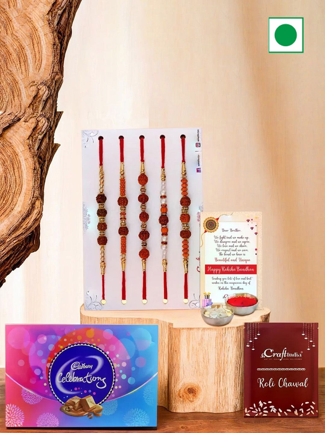 

eCraftIndia Set of 5 Rudraksha Rakhis With Cadbury Celebration Chocolate Gift Set, Brown