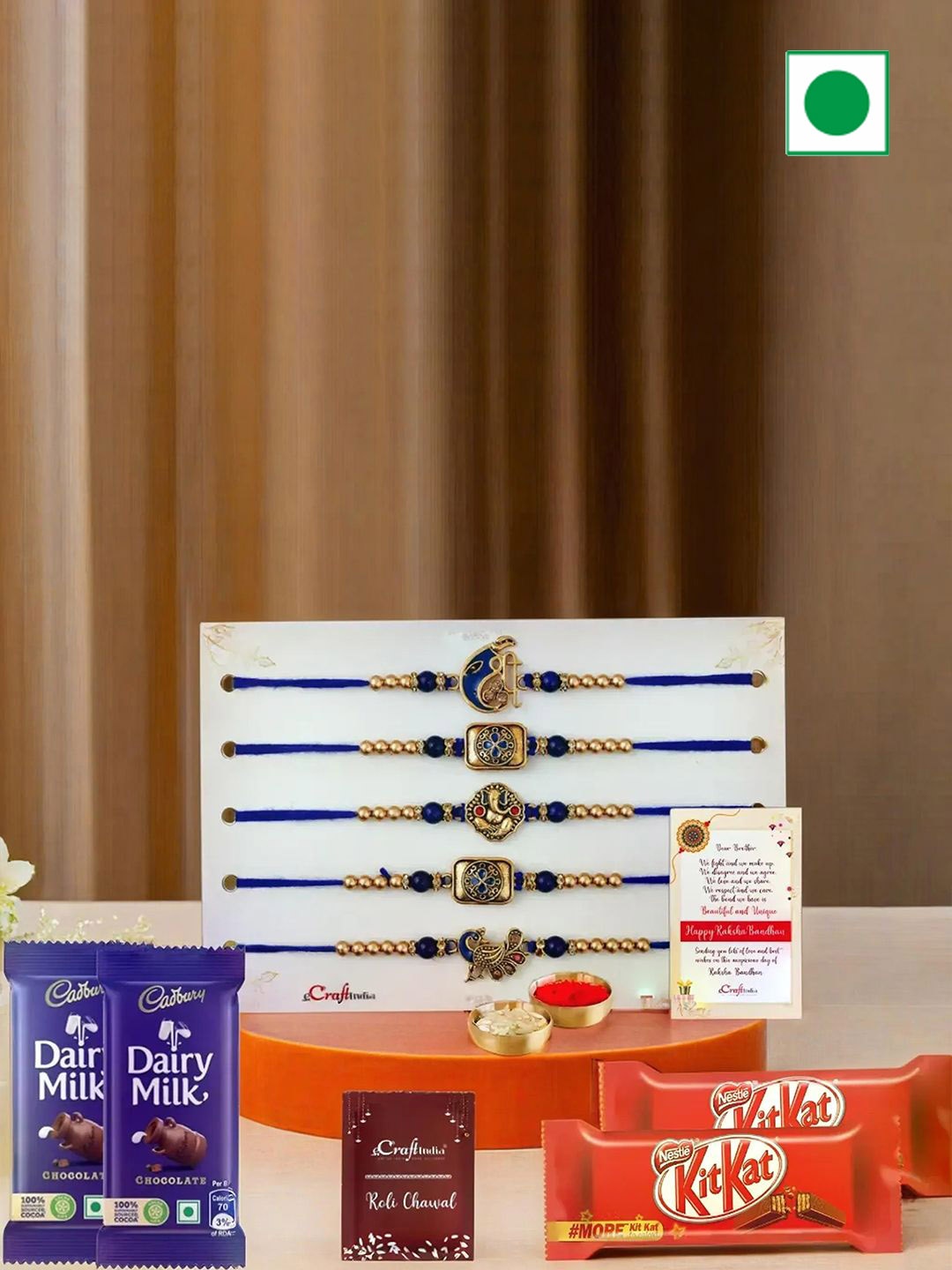 

eCraftIndia Set of 5 Beaded Rakhis with Chocolates & Greeting Card with Roli Chawal, Navy blue