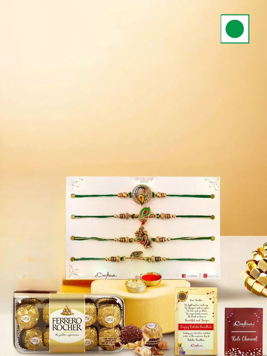 

eCraftIndia Designer Rakhis With Chocolate & Greeting Card With Roli Chawal, Green