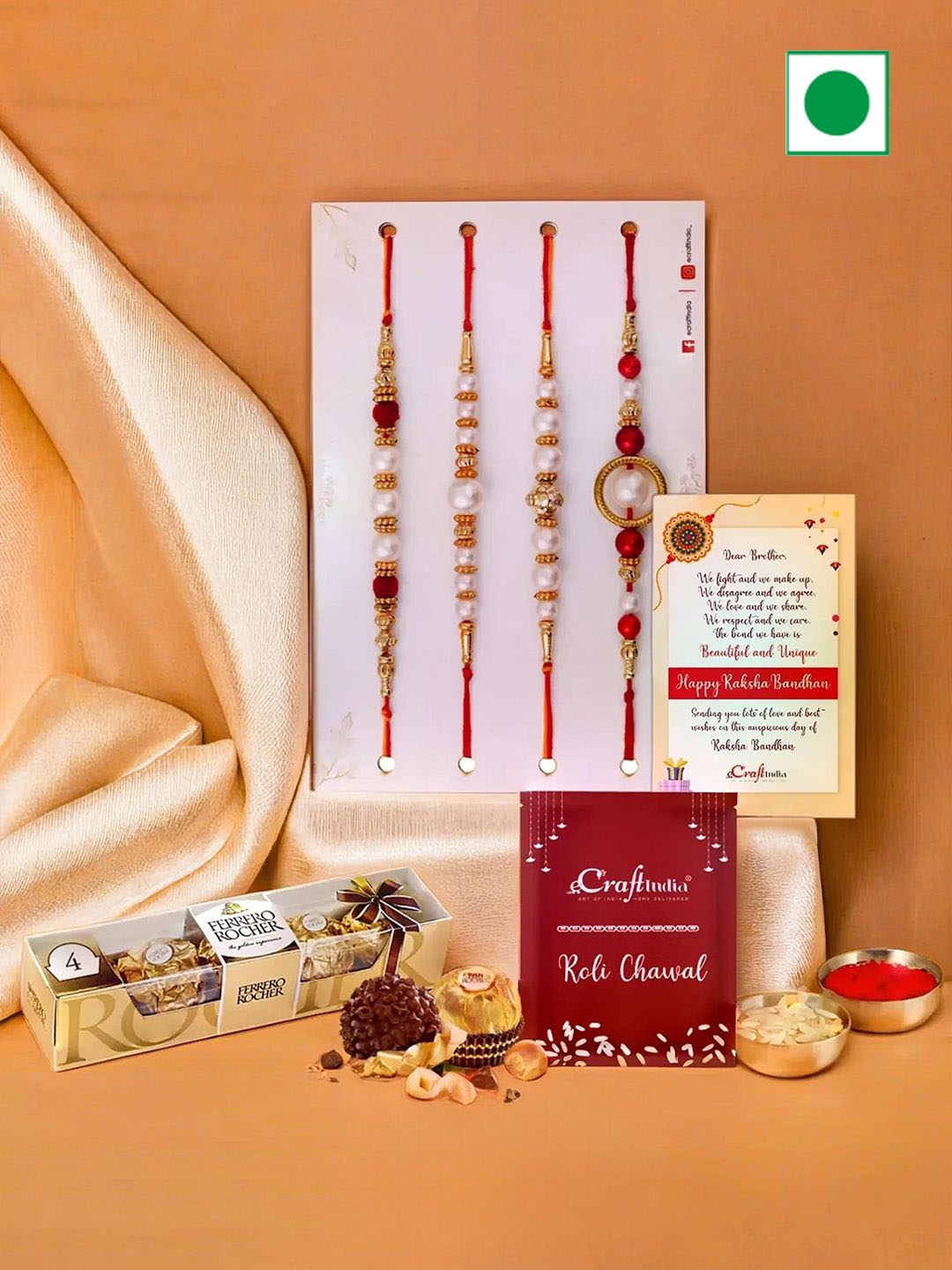 

eCraftIndia Set Of 4 Rakhi With Ferrero Rocher Chocolate & Greeting Card With Roli Chawal, Red