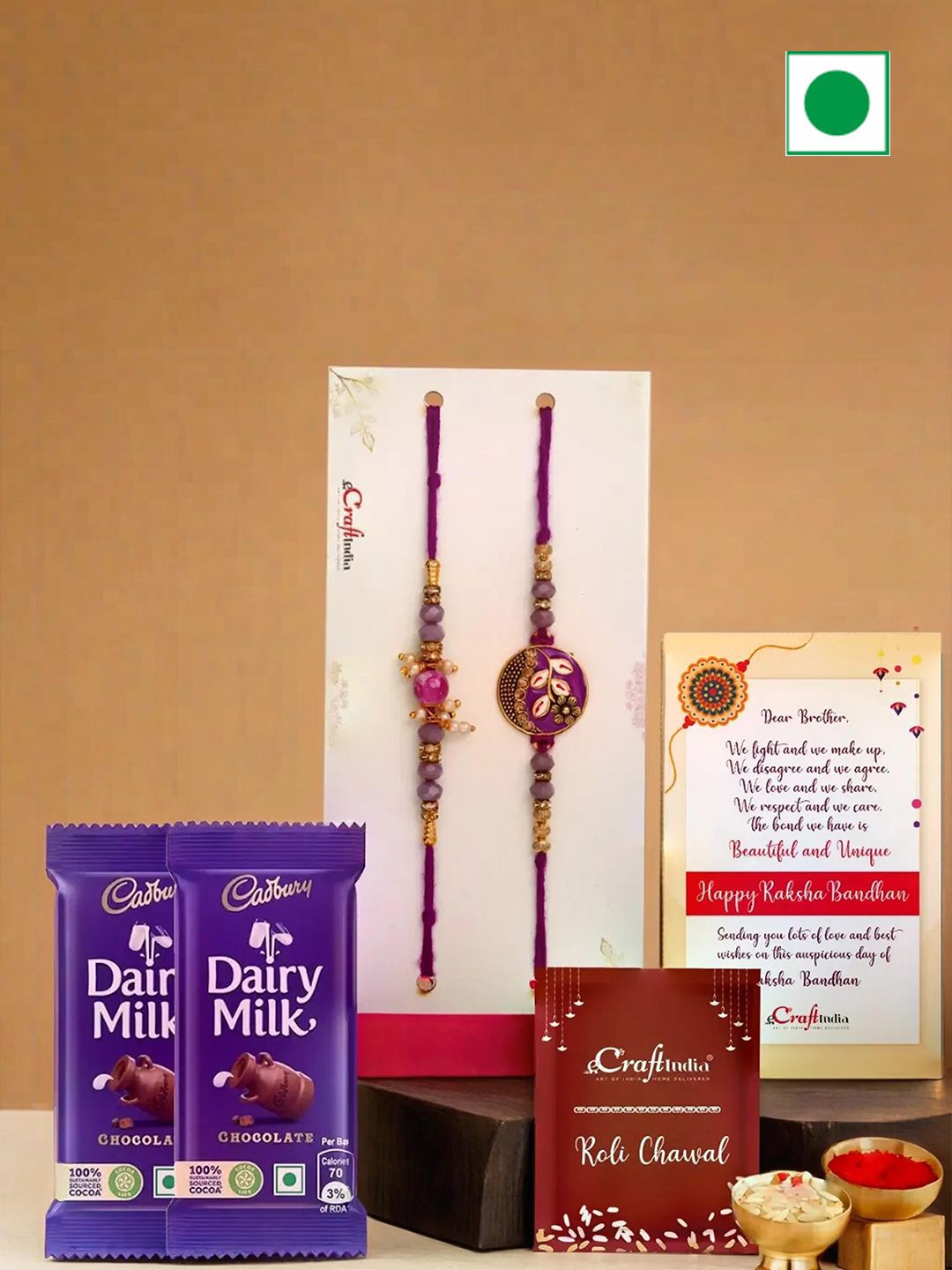 

eCraftIndia Set of 2 Floral & Pearl Designer Rakhi With Cadbury, Maroon