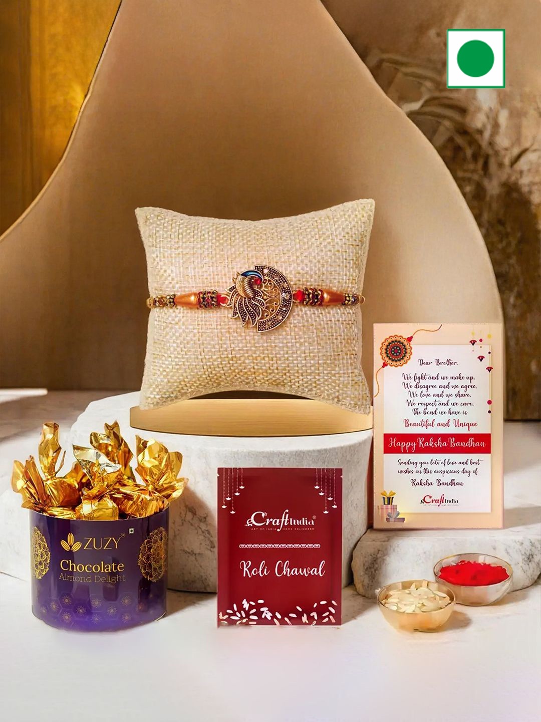 

eCraftIndia Designer Rakhi With Chocolates & Greeting Card With Roli Chawal, Red