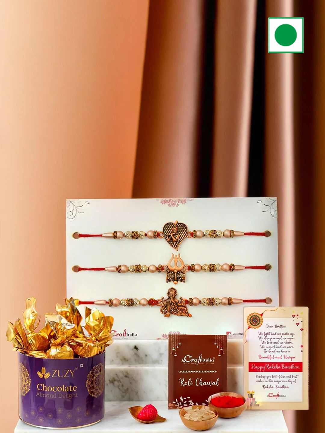 

eCraftIndia Set of 3 Trishul Damru Ganesha Krishna Flute Rakhi With Chocolate Gift Set, Red