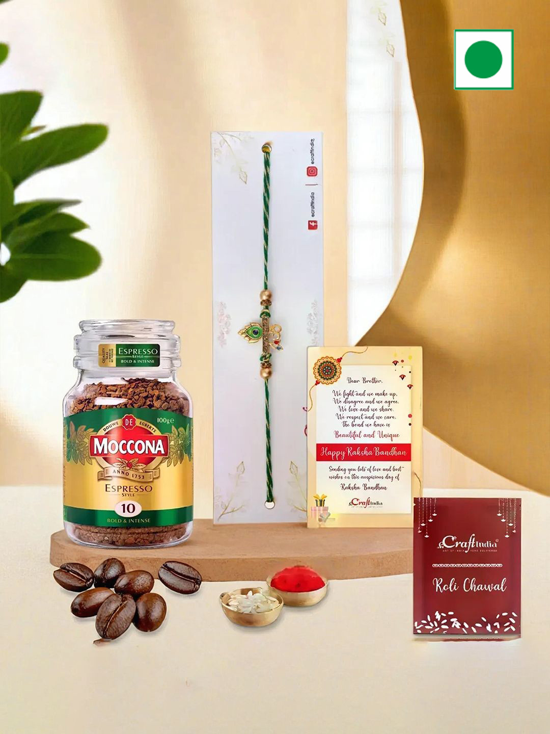 

eCraftIndia Om Peacock Feather Religious Designer Rakhi With Coffee Powder & Rholi Chawal, Red