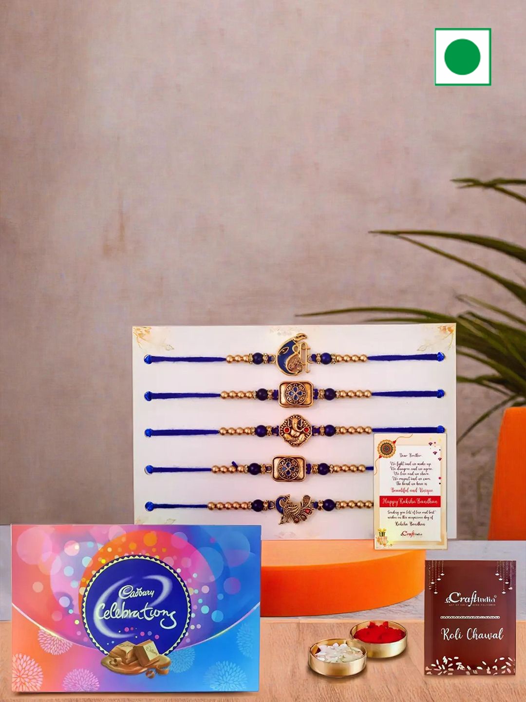 

eCraftIndia Set Of 8 Beaded Rakhis With Chocolate & Rholi Chawal, Blue