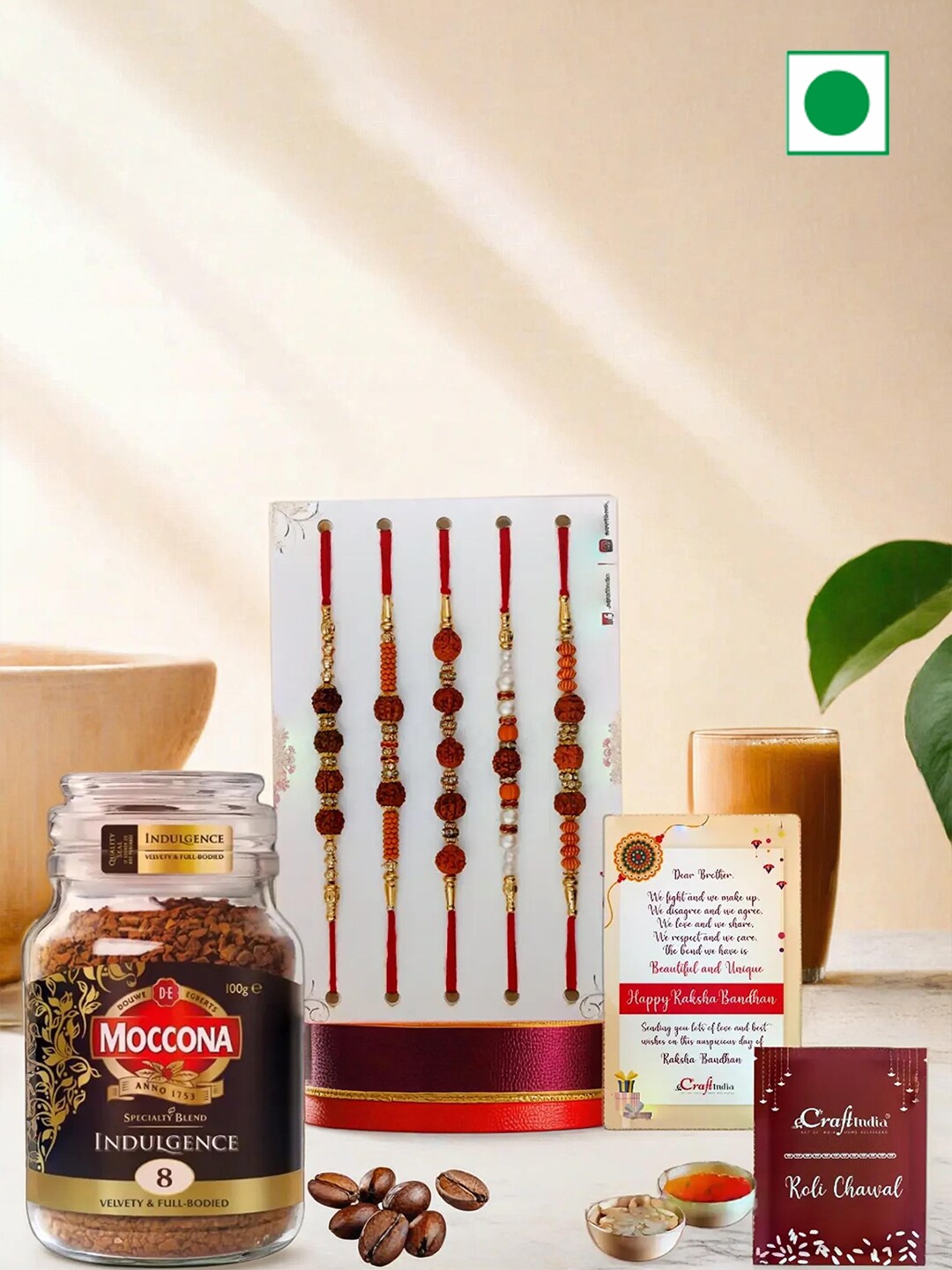 

eCraftIndia Set of 5 Beads Pearl Diamond Rudraksha Rakhi With Moccona Coffee, Red