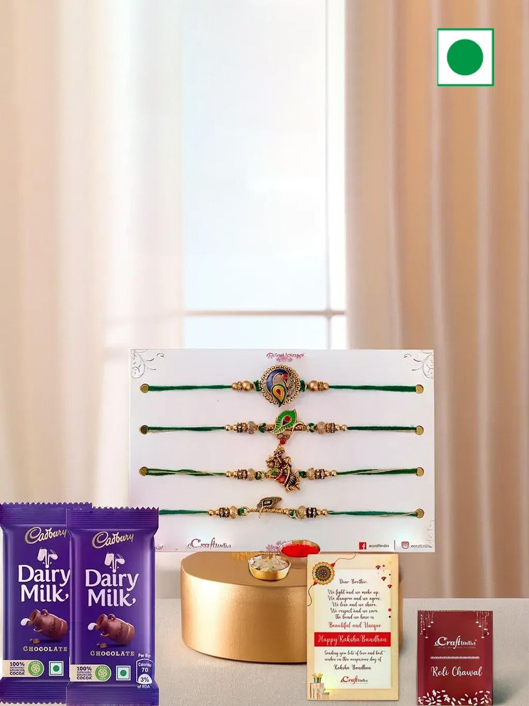 

eCraftIndia Set Of 8 Radha Krishna Fute Peacock Rakhi & Cadbury Chocolate Gift Set, Red