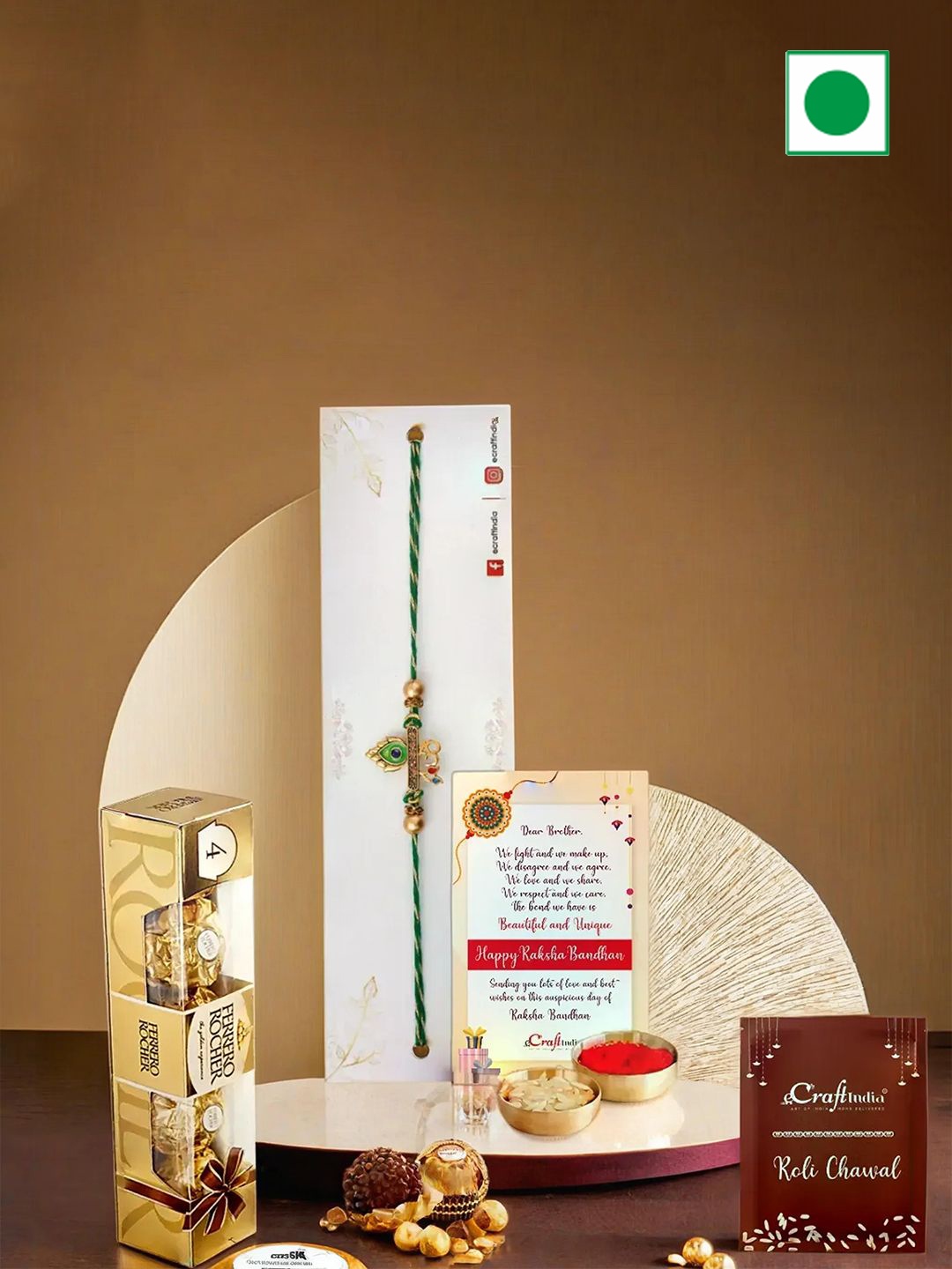 

eCraftIndia Rakhi With Ferrero Rocher Chocolate & Greeting Card with Roli Chawal, Green