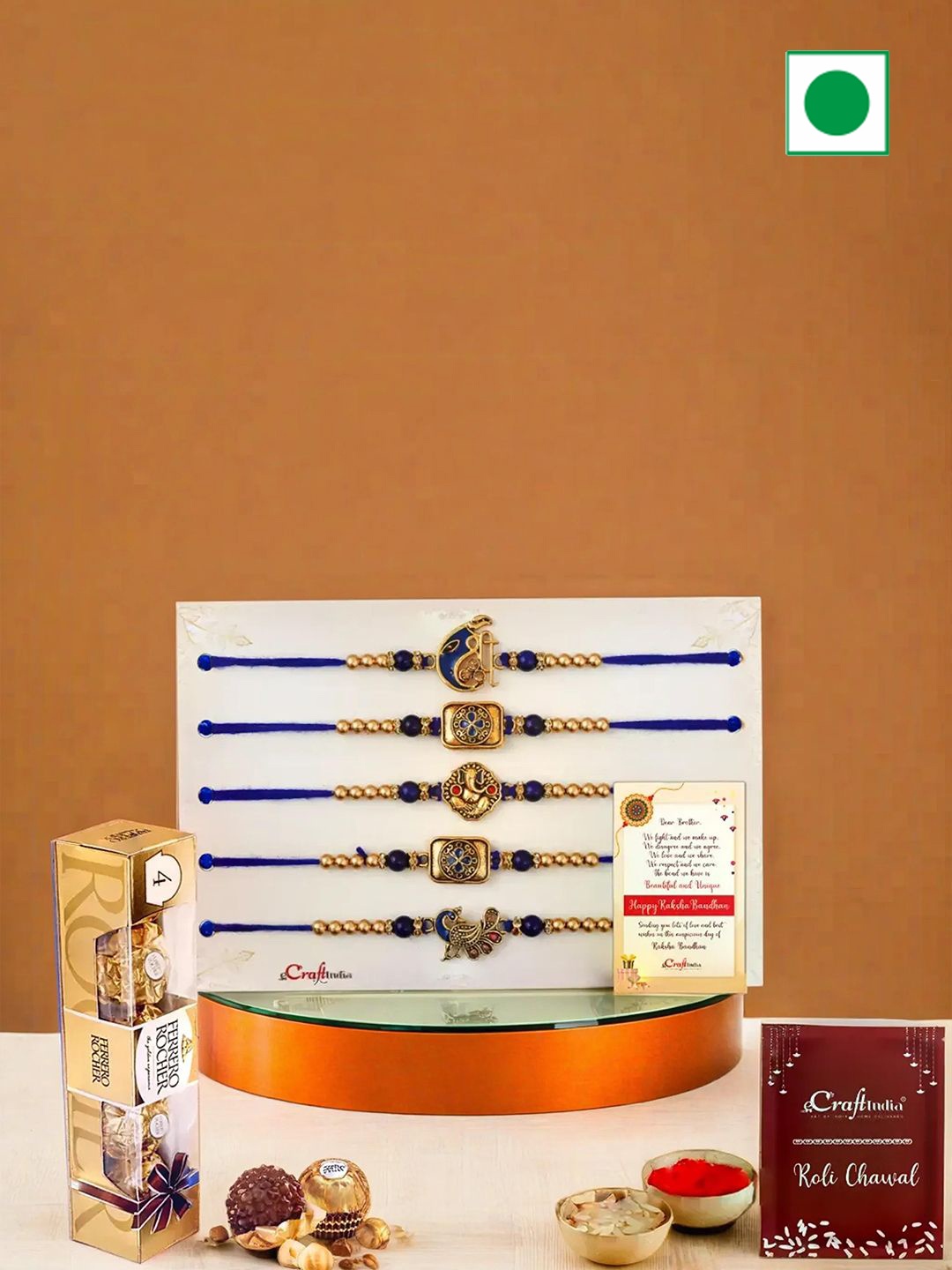 

eCraftIndia Set of 5 Floral Rakhis With Ferrero Rocher Chocolate Gift Set, Blue