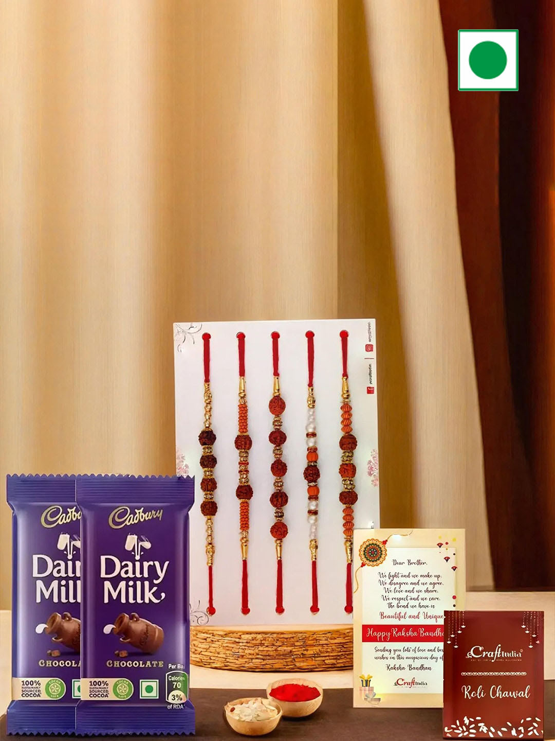 

eCraftIndia Set of 5 Rudraksha Rakhis with Chocolates & Greeting Card With Roli Chawal, Red
