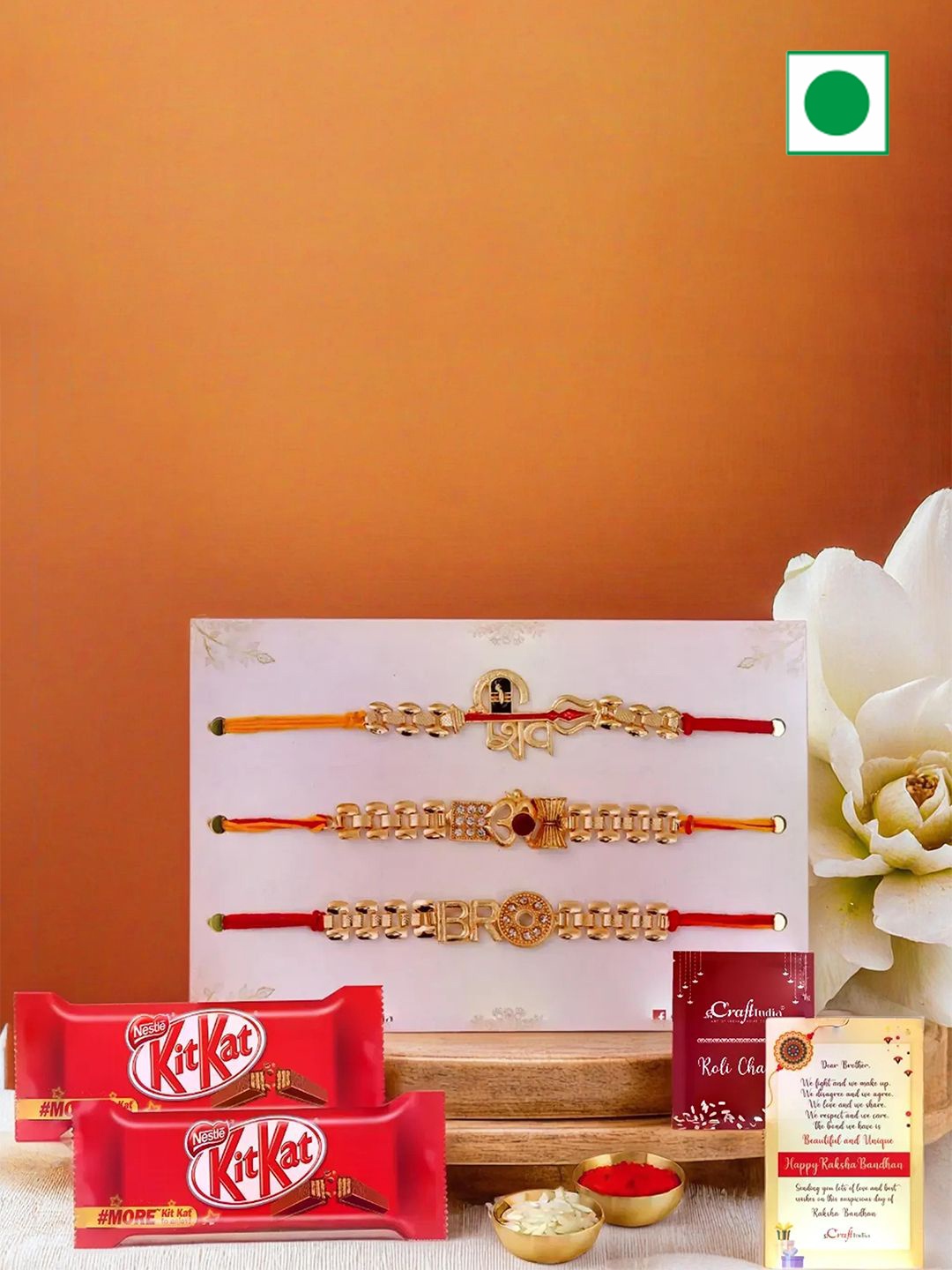 

eCraftIndia Set of 3 Rakhis With Kitkat Chocolate & Greeting Card with Roli Chawal, Red