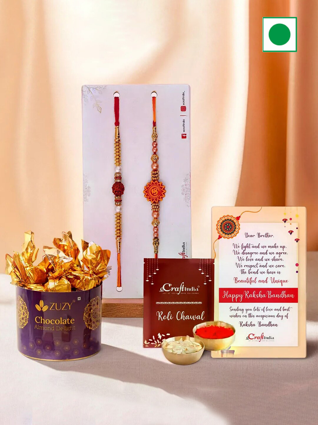 

eCraftIndia Set of 2 Om Rudraksh Rakhi With Chocolate Gift Set, Red