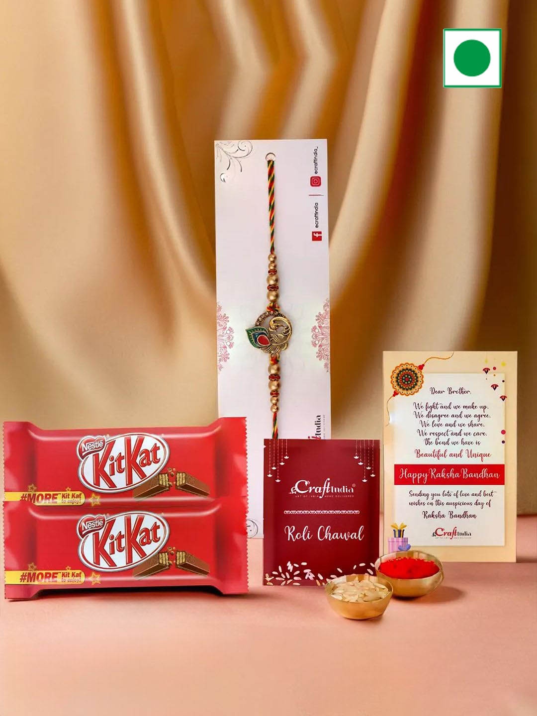 

eCraftIndia Peacock Rakhi With Kitkat Chocolate & Greeting Card with Roli Chawal, Red