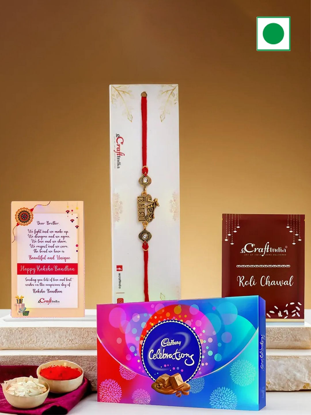 

eCraftIndia Rakhi with Cadbury Celebration Chocolates & Greeting Card with Roli Chawal, Red