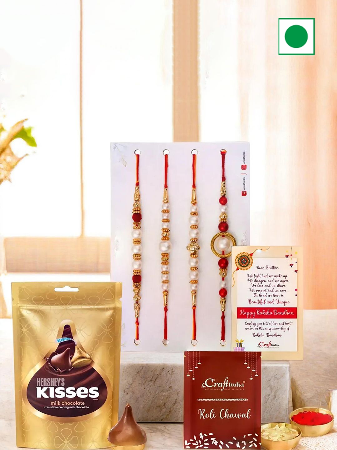 

eCraftIndia Set of 4 Pearls Rakhi With Milk Chocolate & Roli Chawal, Red