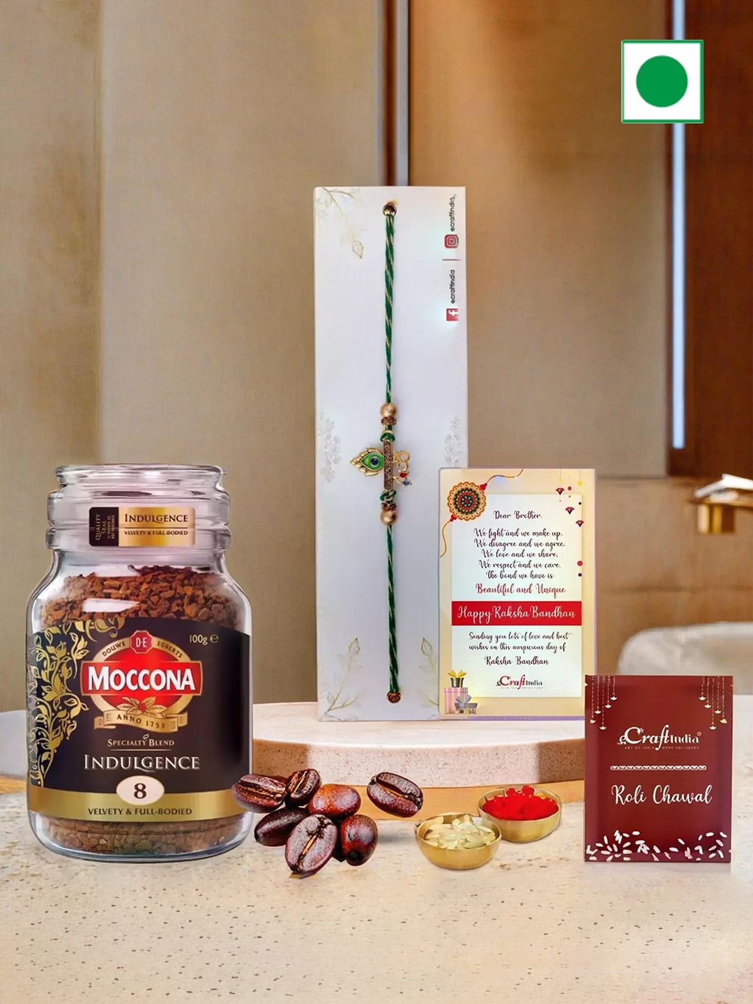 

eCraftIndia Rakhis With Moccona Coffee & Greeting Card With Roli Chawal, Green