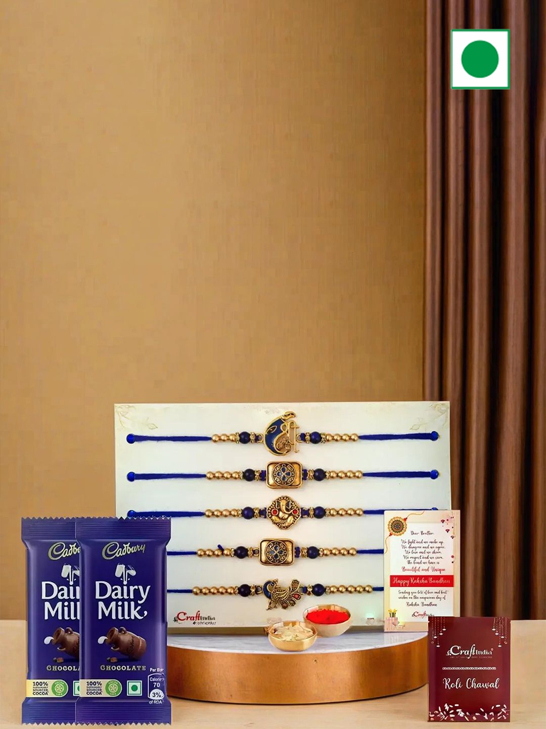 

eCraftIndia Set Of 5 Lord Ganesha Rakhi With Cadbury & Greeting Card with Roli Chawal, Navy blue