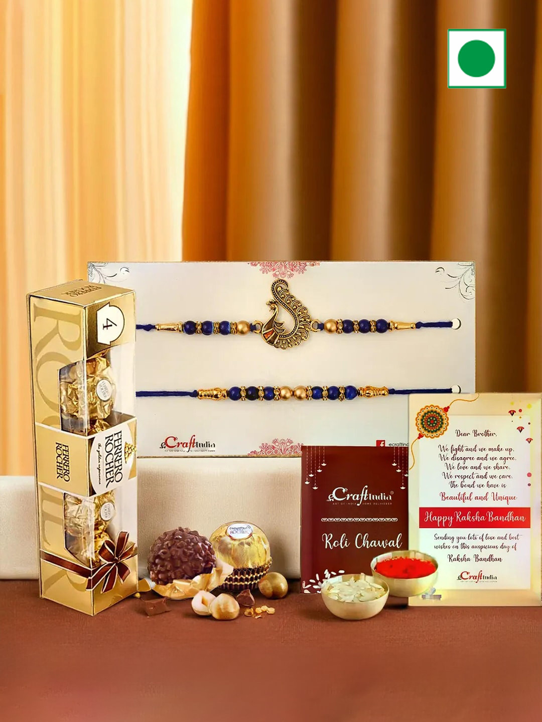 

eCraftIndia Set of 2 Rakhis with Ferrero Rocher Chocolate & Greeting Card with Roli Chawal, Navy blue