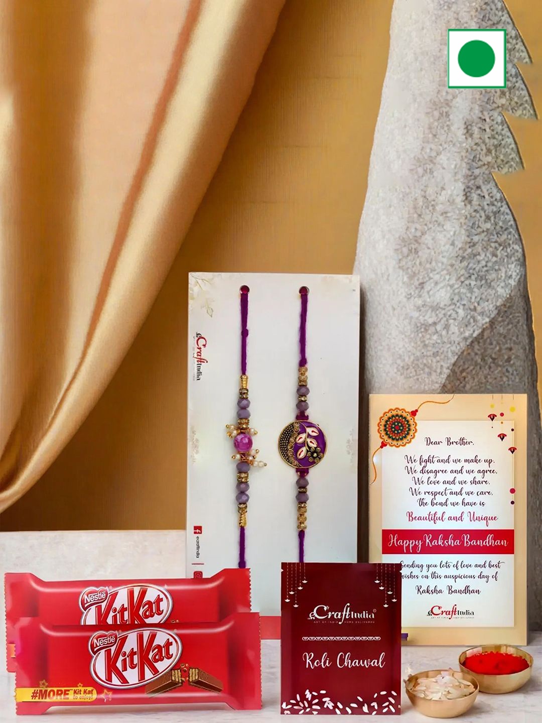 

eCraftIndia 6 Pieces Pearl-Beaded Rakhis With Chocolates & Roli Chawal, Red