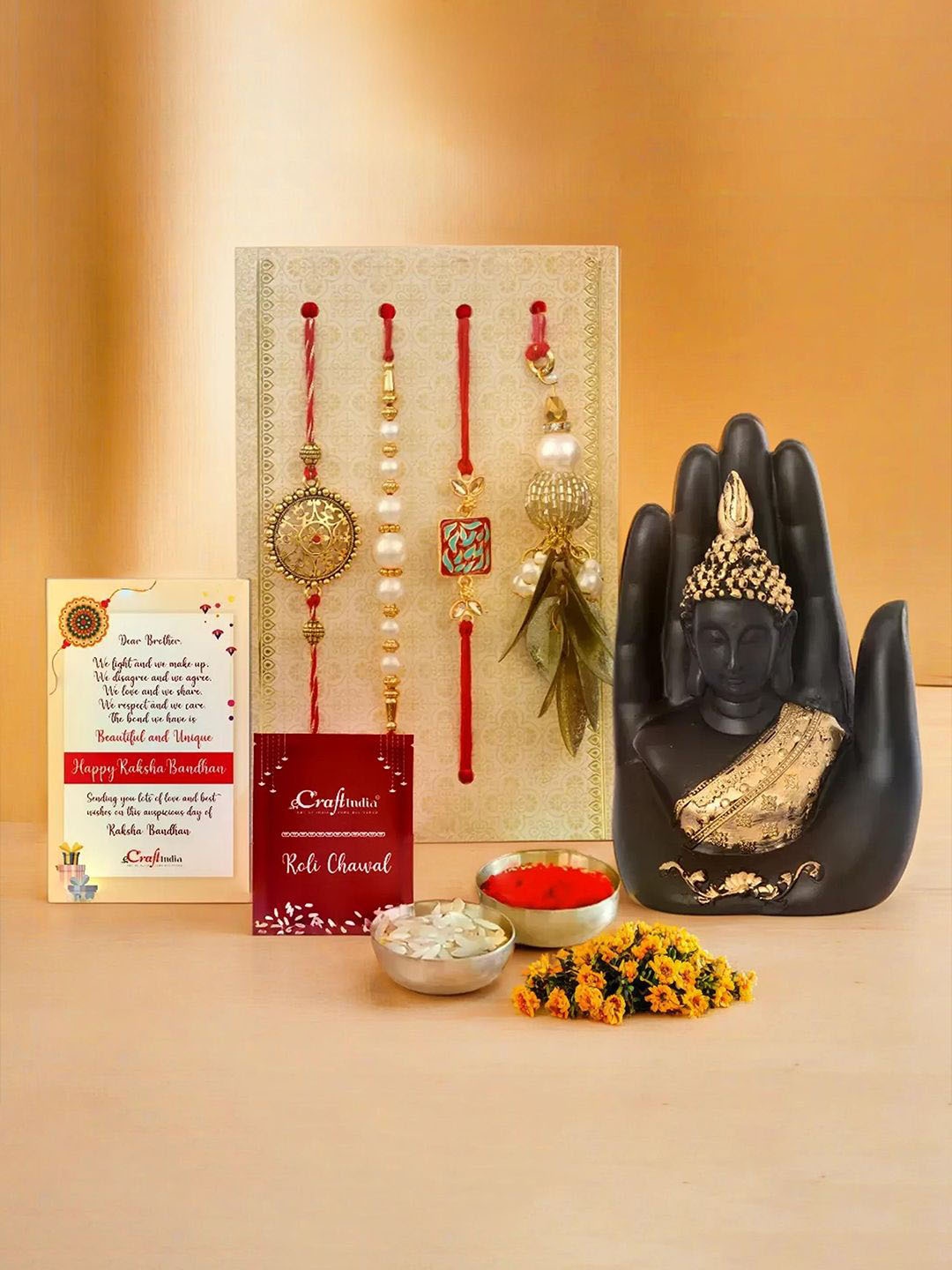 

eCraftIndia Set Of 5 Beaded rakhis With Buddha Palm Buddha Statue & Roli Chawal, Red