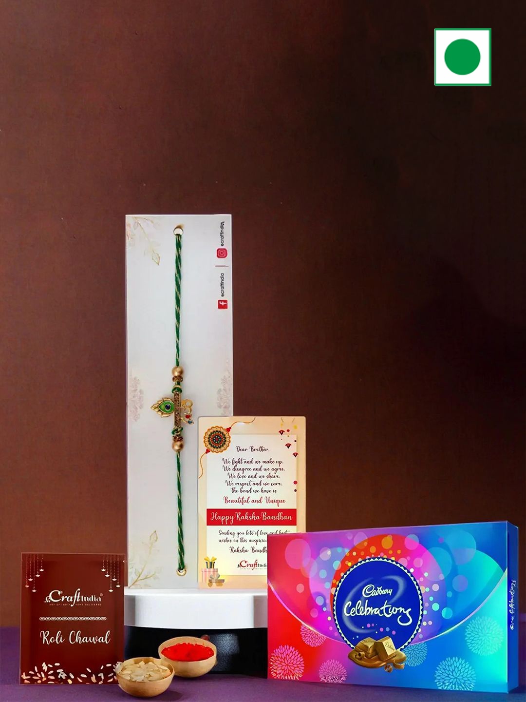 

eCraftIndia Rakhi With Cadbury Celebration Chocolate & Greeting Card with Roli Chawal, Green