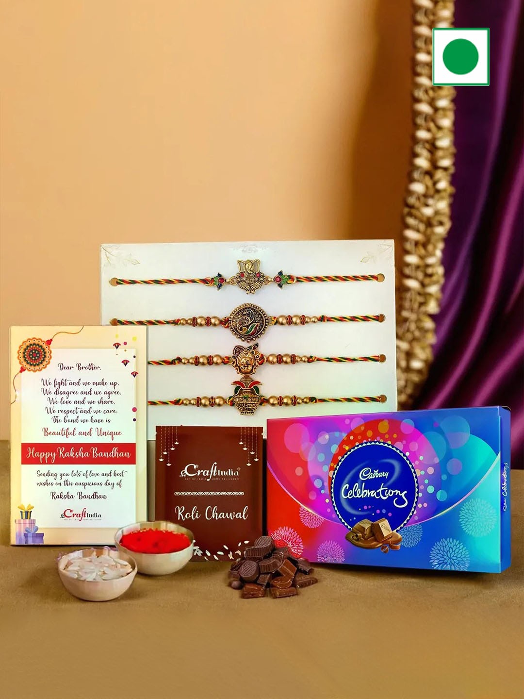 

eCraftIndia Set of 4 Designer Rakhi With Cadbury Celebration Chocolate Gift Set, Red